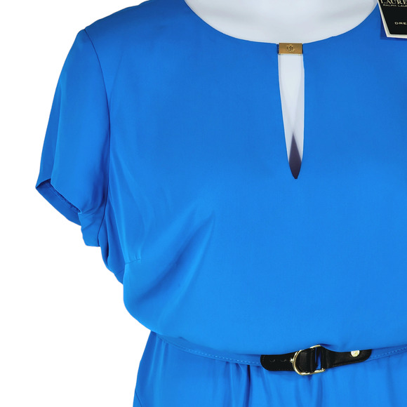 LRL Ralph Lauren Midi Sheath Dress sz 18 Women Blue Belted Keyhole Neck NEW READ - Picture 3 of 13